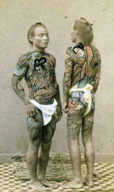 Two men with traditional Japanese Irezumi tattoos, c.1880 by Japanese Photographer